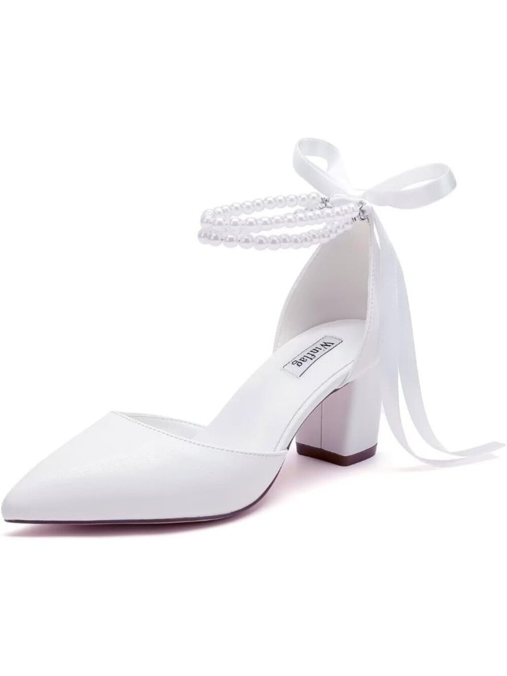 〽️Women's White Bride Block Heel Pointed Toe Imported Leather Shoes